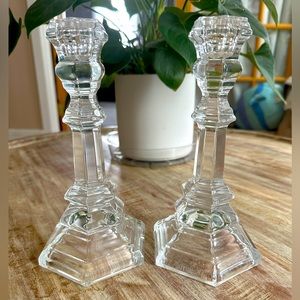 Set of 2 Tiffany & Co. Plymouth Crystal Layered Candlestick Holders Hexagonal
